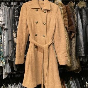 Free People Textured Tan Overcoat Long Button Tie Waist, Exterior Pockets Size 2